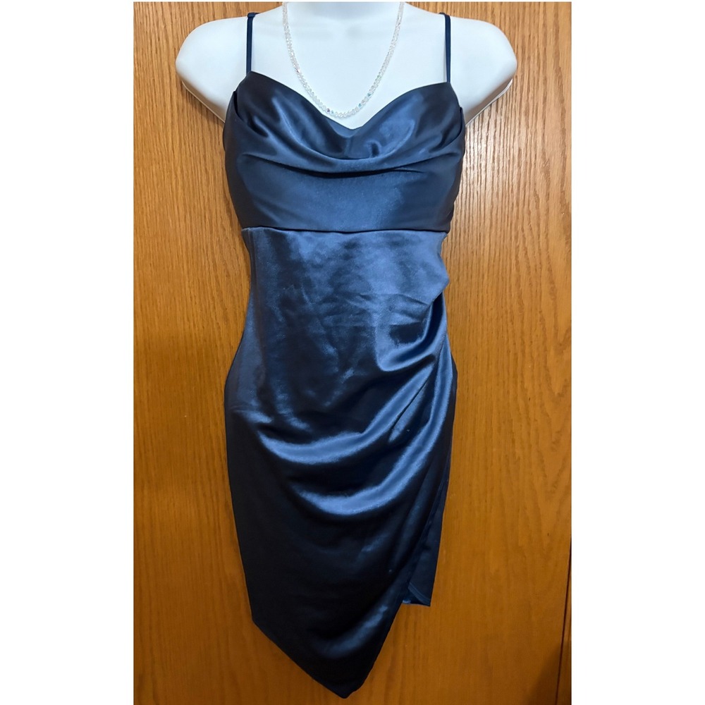 Emerald Sundae Navy Blue Satin Cowl Neck Asymmetrical Bodycon Dress Large